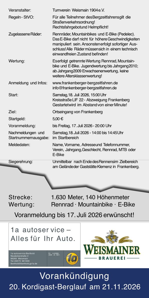 Deteilausschreibung für Bergzeitfahren